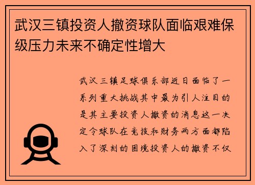 武汉三镇投资人撤资球队面临艰难保级压力未来不确定性增大